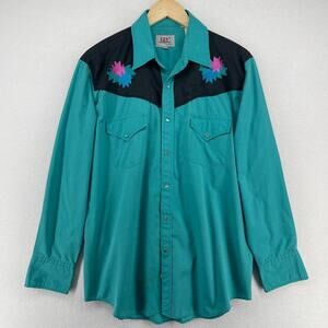 ELY DIAMOND Shirt Mens L Western Ranch Star Pearl Snap Cowboy Teal Blue Vtg
